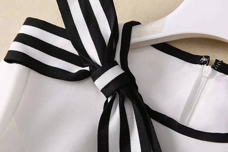 Phoenix Striped Bow O-Neck Long Sleeves Office Lady Dress