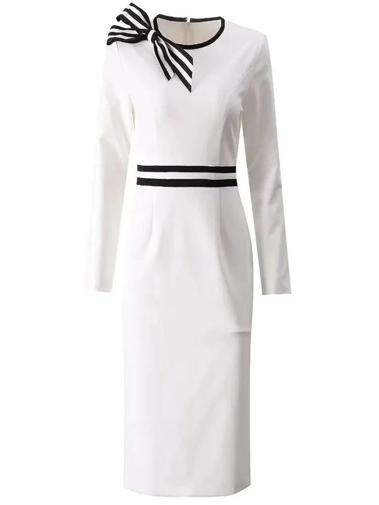 Phoenix Striped Bow O-Neck Long Sleeves Office Lady Dress