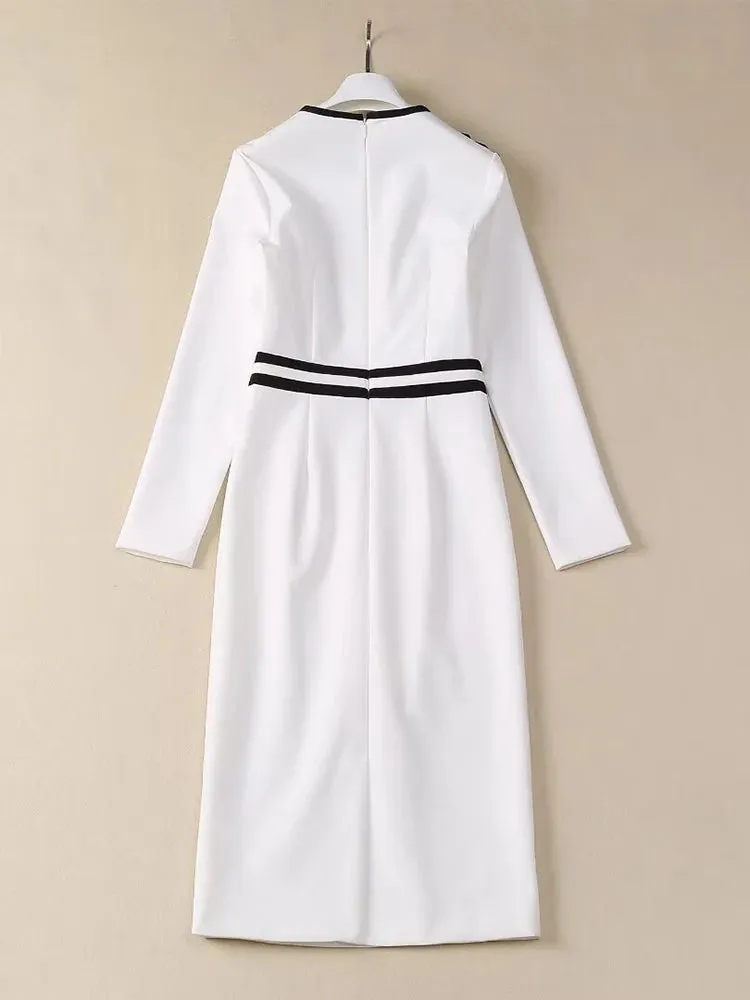 Phoenix Striped Bow O-Neck Long Sleeves Office Lady Dress