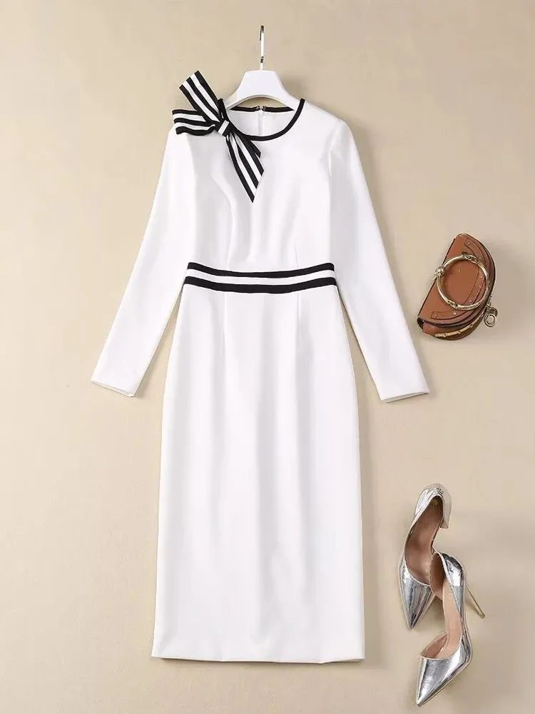 Phoenix Striped Bow O-Neck Long Sleeves Office Lady Dress