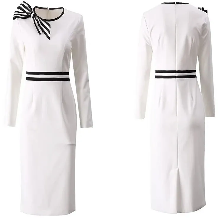 Phoenix Striped Bow O-Neck Long Sleeves Office Lady Dress