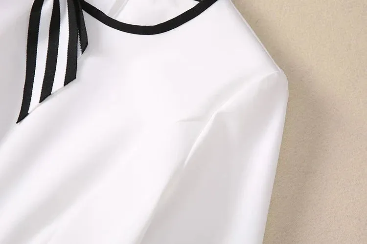 Phoenix Striped Bow O-Neck Long Sleeves Office Lady Dress