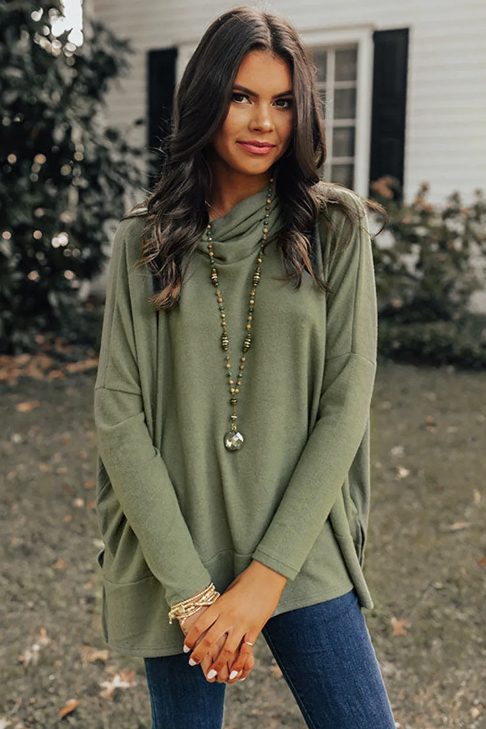 Pickle Green Cowl Neck Shift Tunic Top