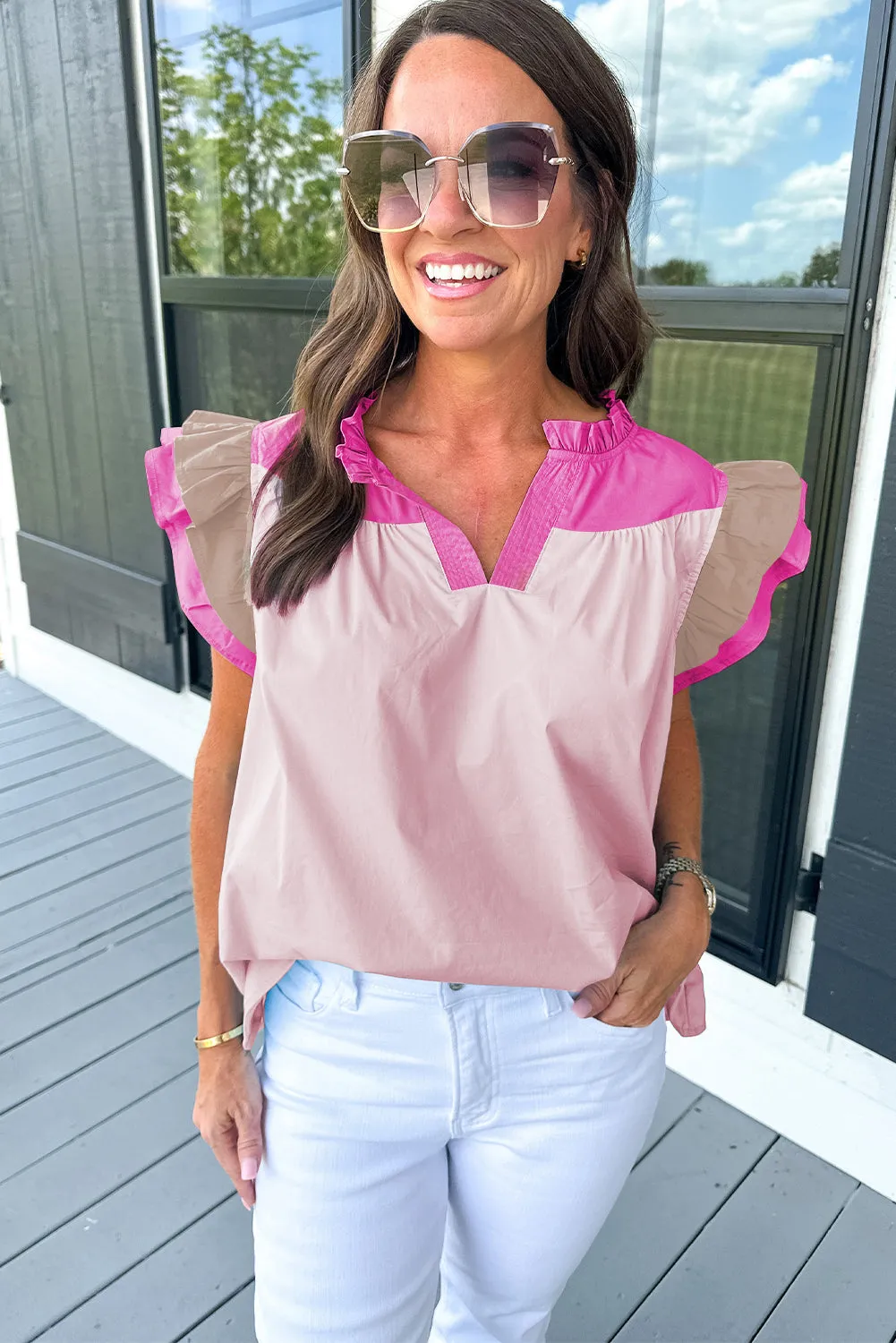 Pink Colorblock Ruffled Sleeve Frill V Neck Blouse