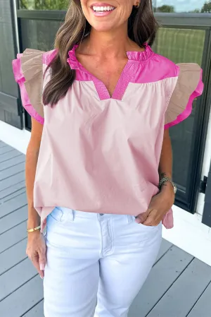 Pink Colorblock Ruffled Sleeve Frill V Neck Blouse