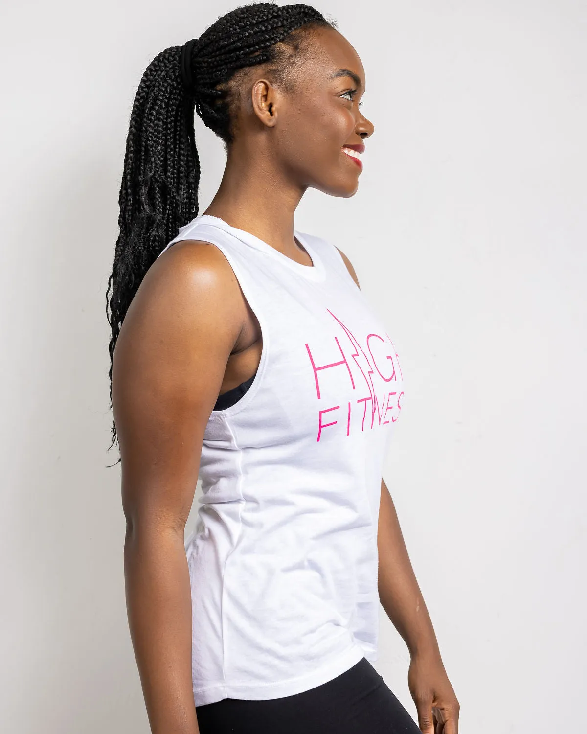 Pink Stencil Logo Muscle Tank | White