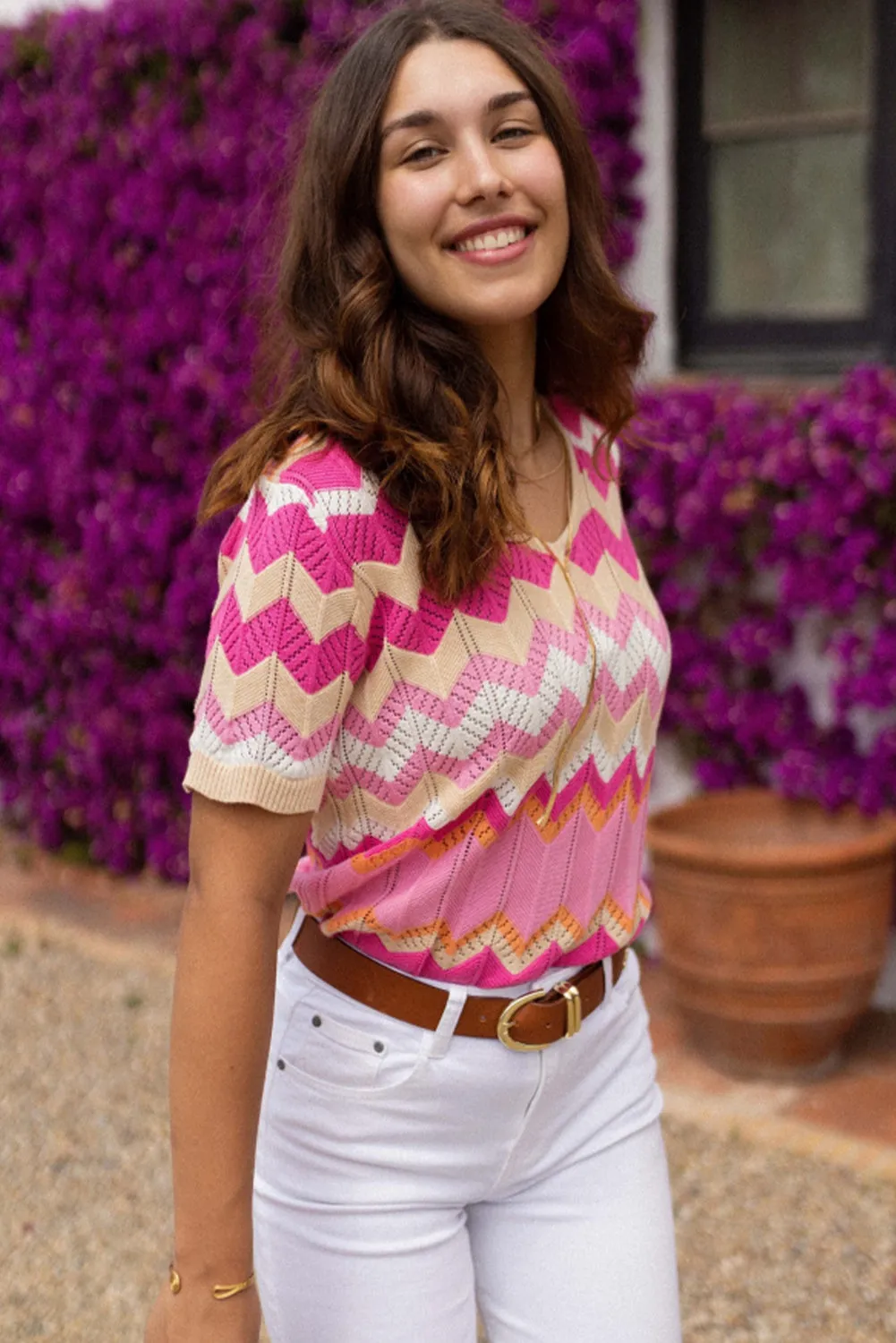 Pink Stripe Chevron Pointelle Knit V Neck Short Sleeve Sweater