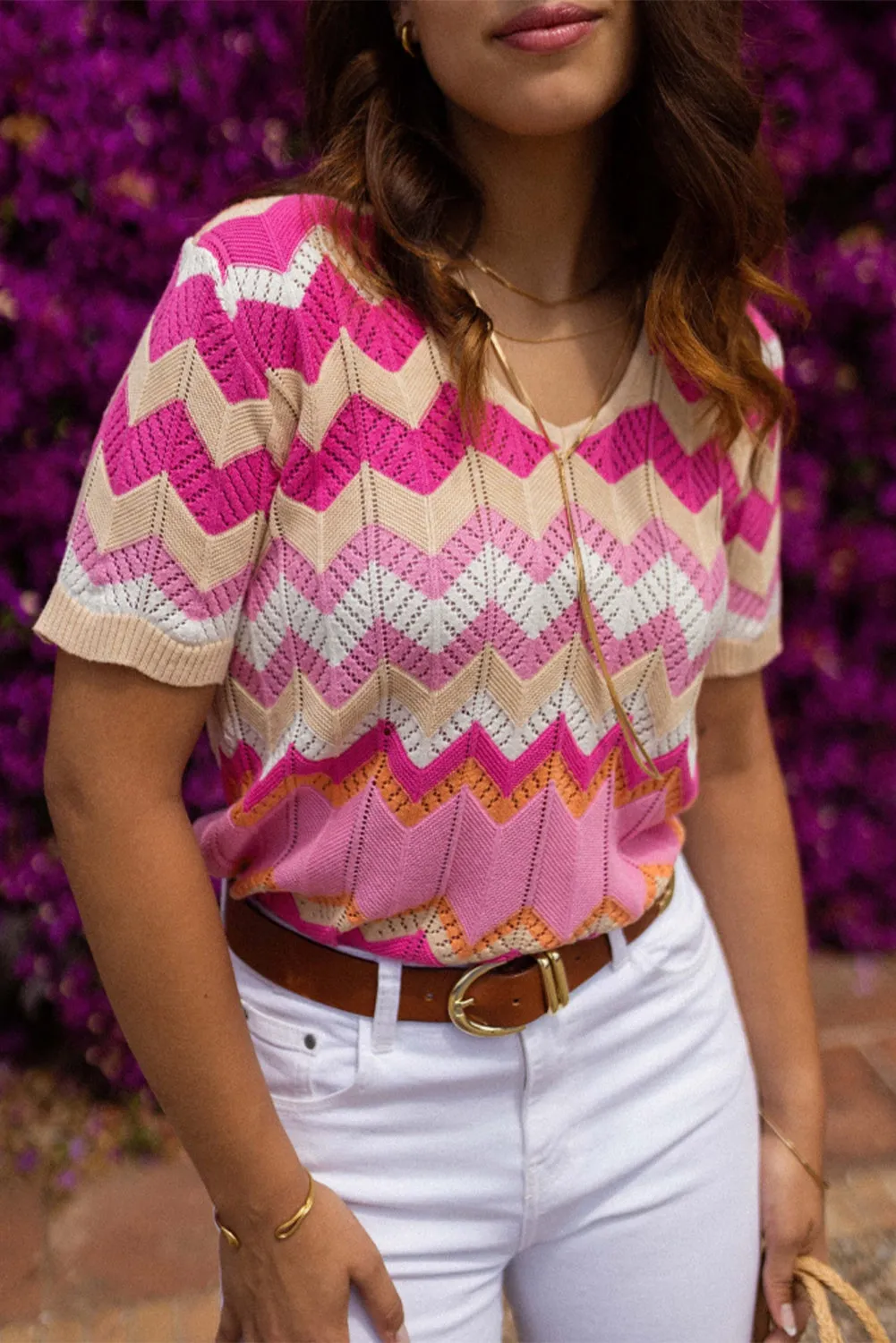 Pink Stripe Chevron Pointelle Knit V Neck Short Sleeve Sweater