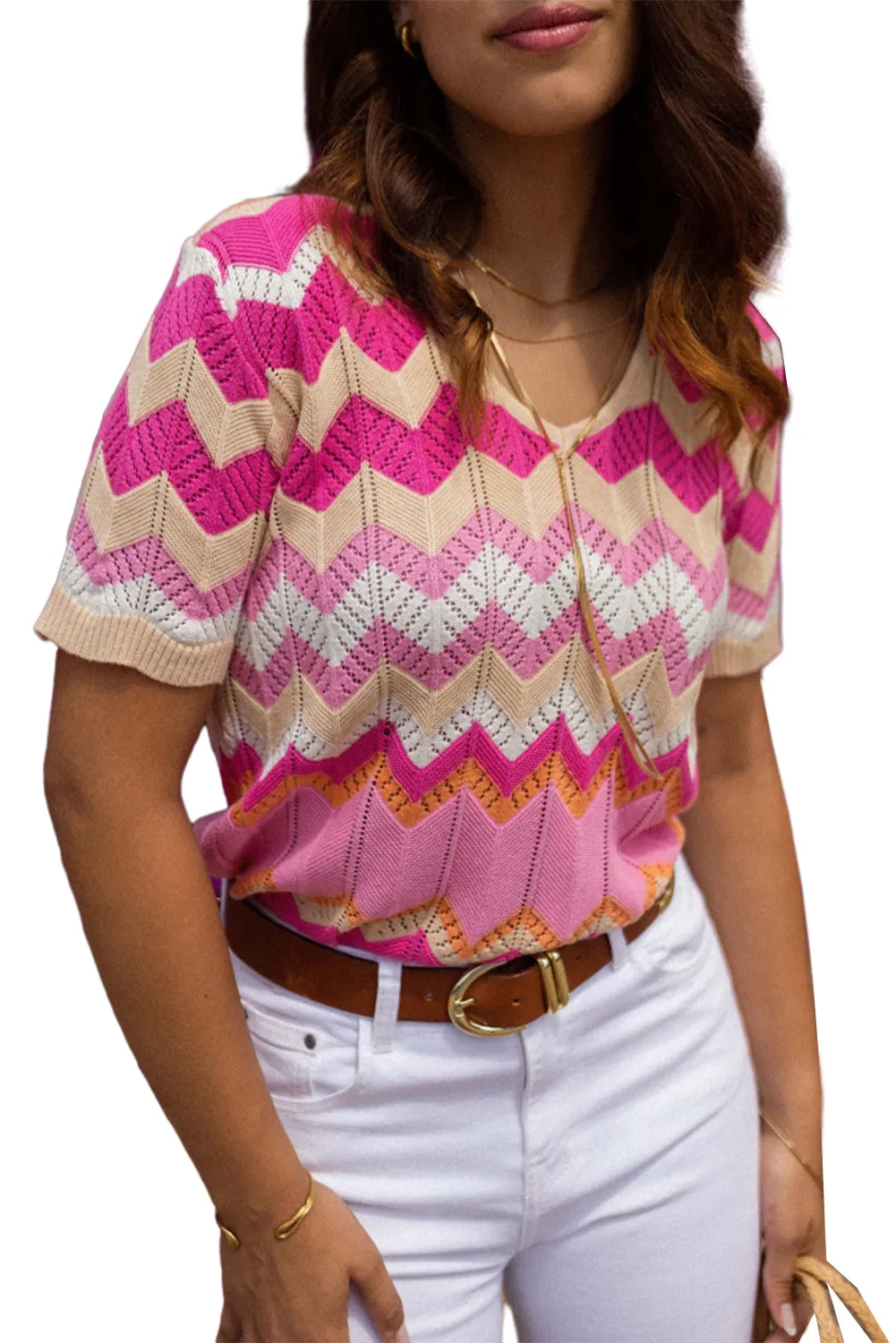 Pink Stripe Chevron Pointelle Knit V Neck Short Sleeve Sweater