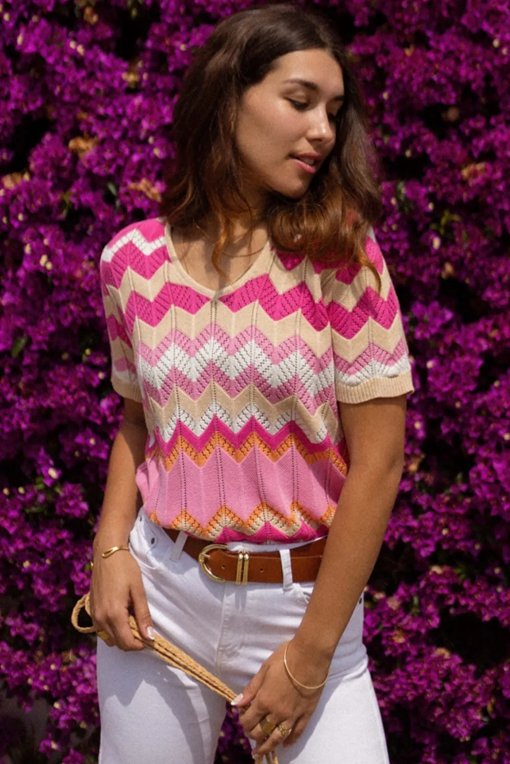 Pink Stripe Chevron Pointelle Knit V Neck Short Sleeve Sweater