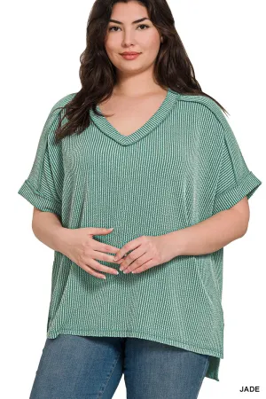 PLUS CORDED RIB SHORT SLEEVE HI-LOW V NECK