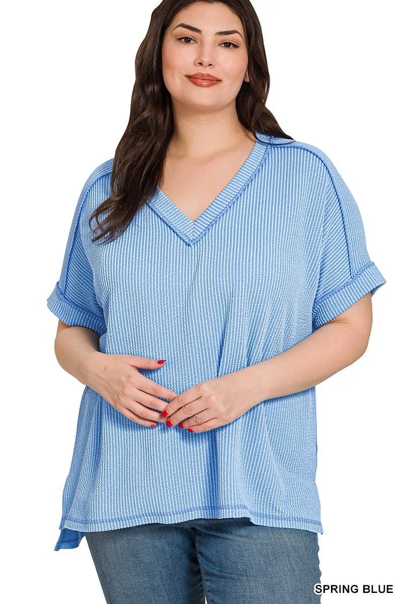 PLUS CORDED RIB SHORT SLEEVE HI-LOW V NECK