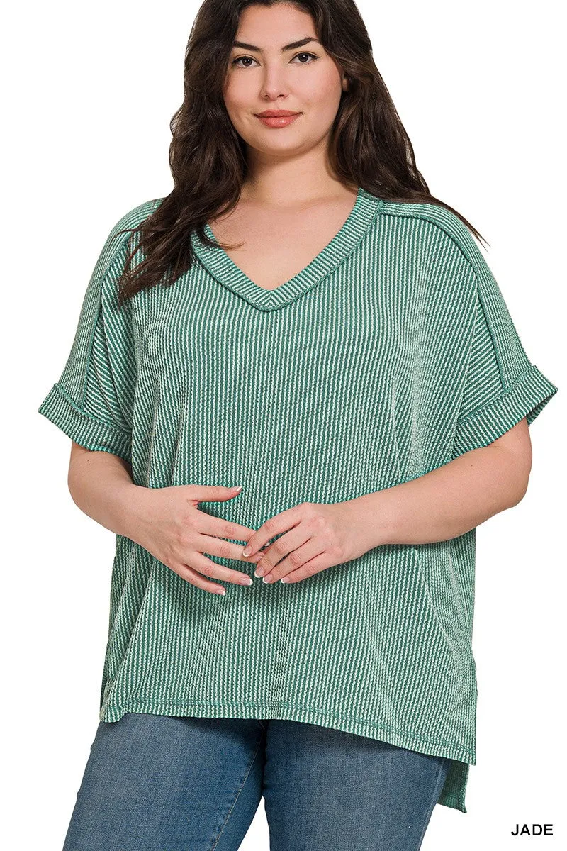 PLUS CORDED RIB SHORT SLEEVE HI-LOW V NECK