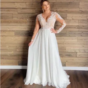 Plus Size Bridal Dress V Neck Lace Appliques Long Sleeve Illusion Sexy Back