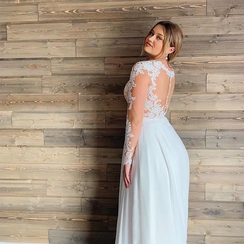 Plus Size Bridal Dress V Neck Lace Appliques Long Sleeve Illusion Sexy Back