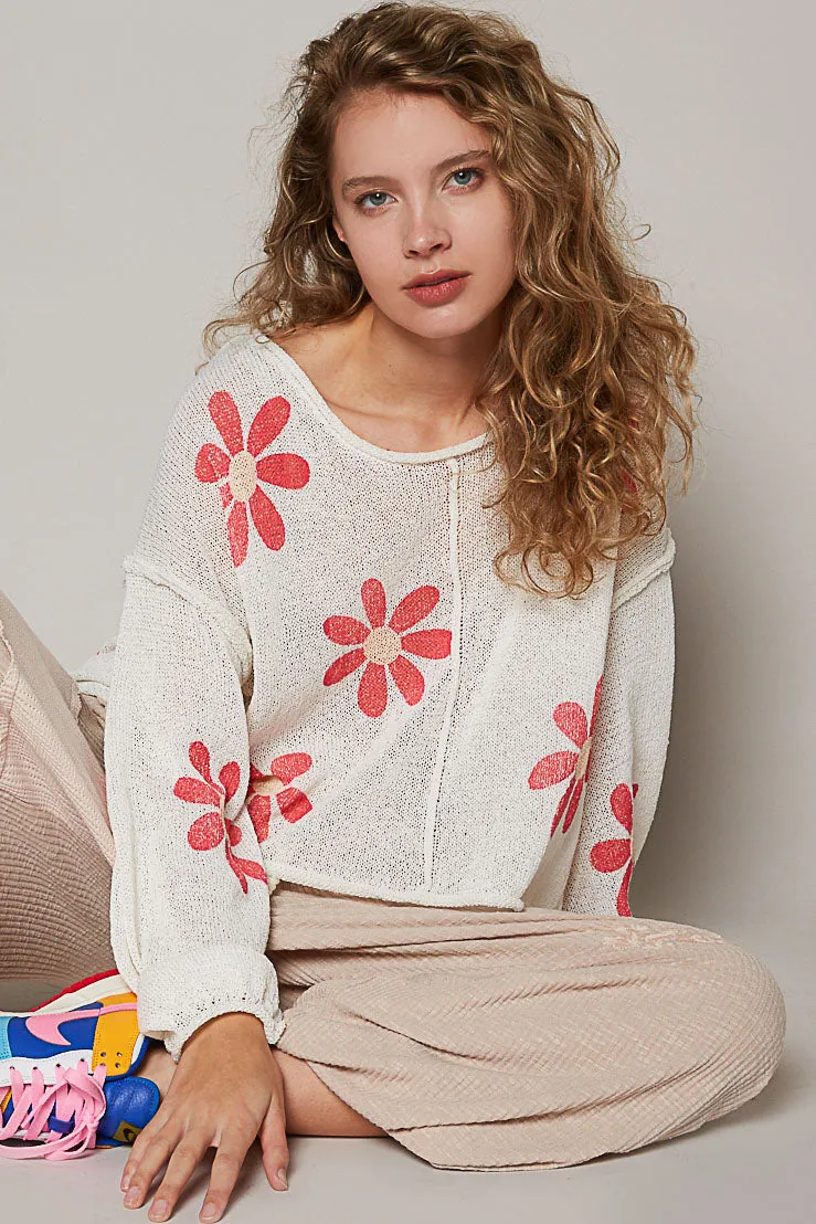 POL Women's Ivory and Red Floral Print Sweater Top