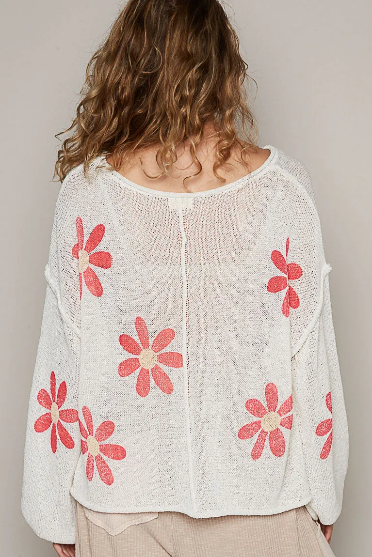 POL Women's Ivory and Red Floral Print Sweater Top