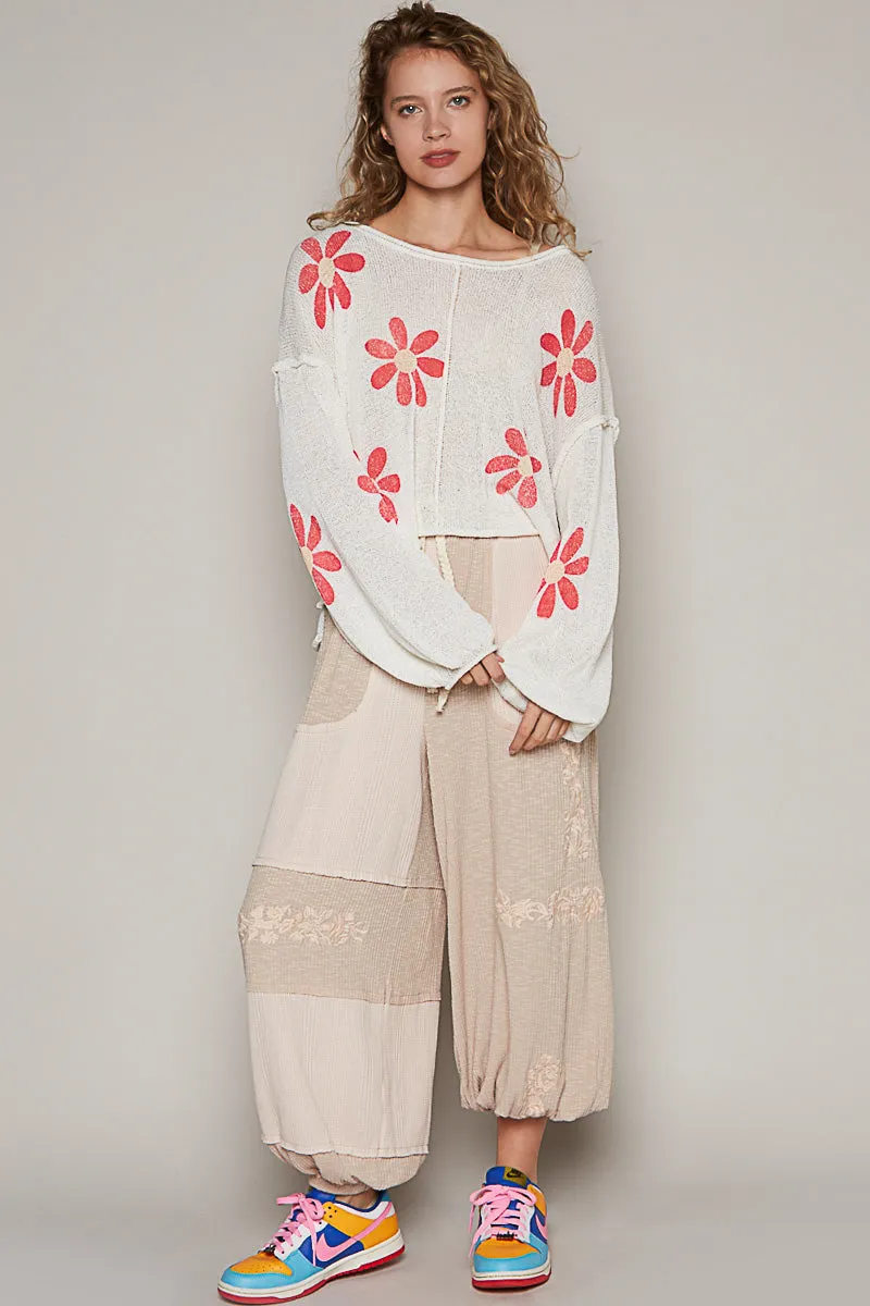 POL Women's Ivory and Red Floral Print Sweater Top