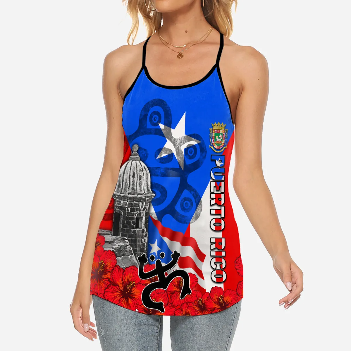 Puerto Rico Flag Taino Coqui Criss Cross Tank Top