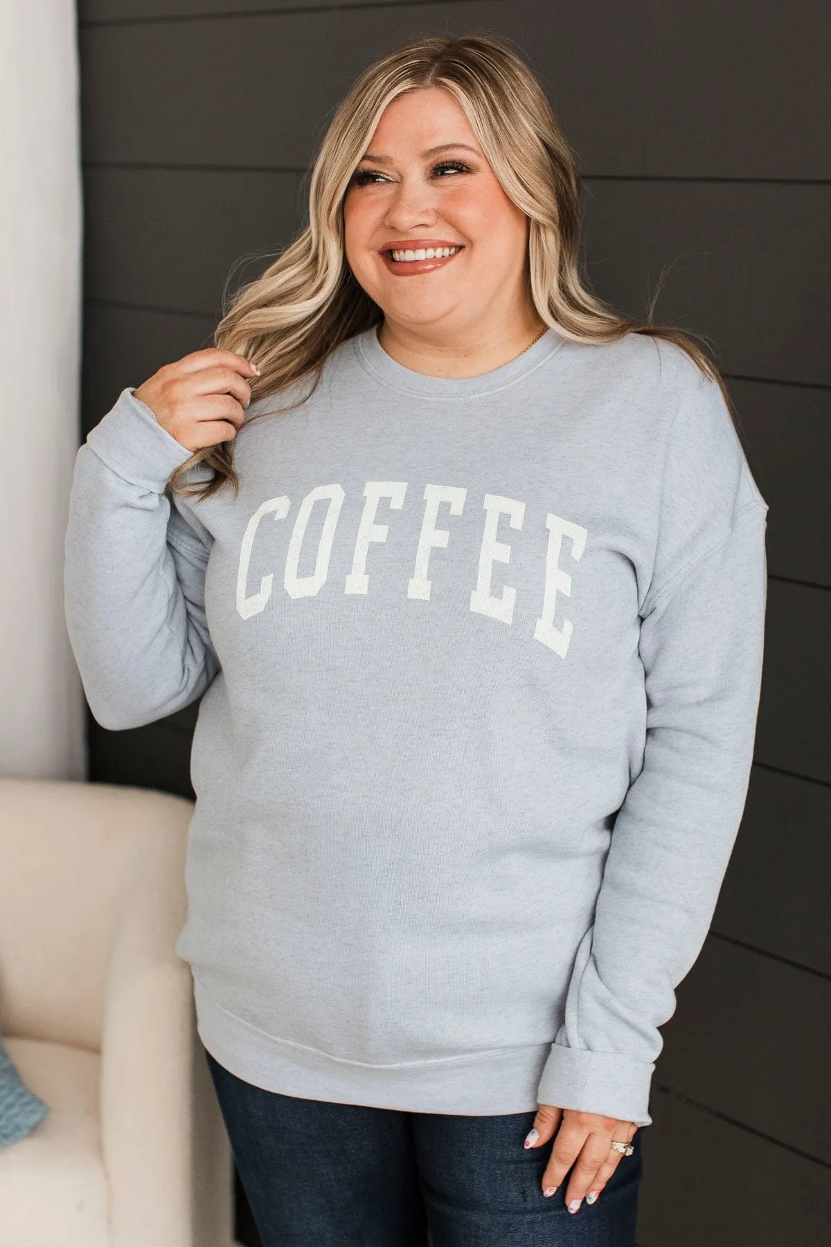 "Coffee" Crew Neck Pullover- Periwinkle