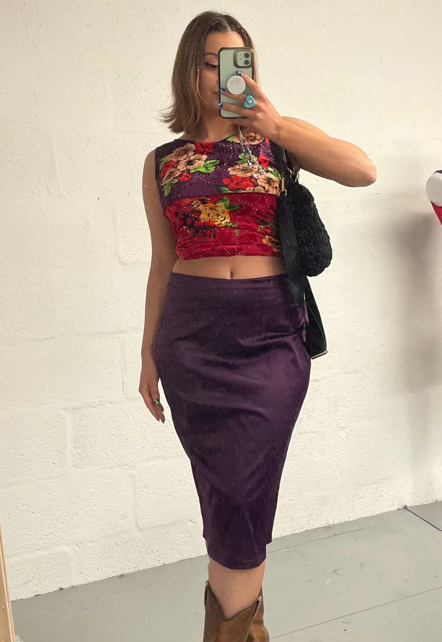 RECLAIMED ETAM PURPLE SATIN PENCIL SKIRT