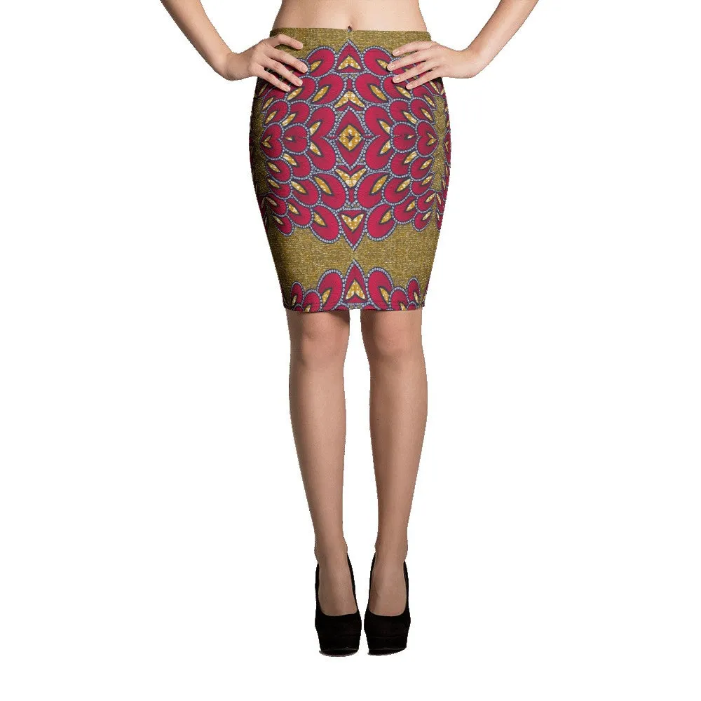 Red Gold African Print Pencil Skirt