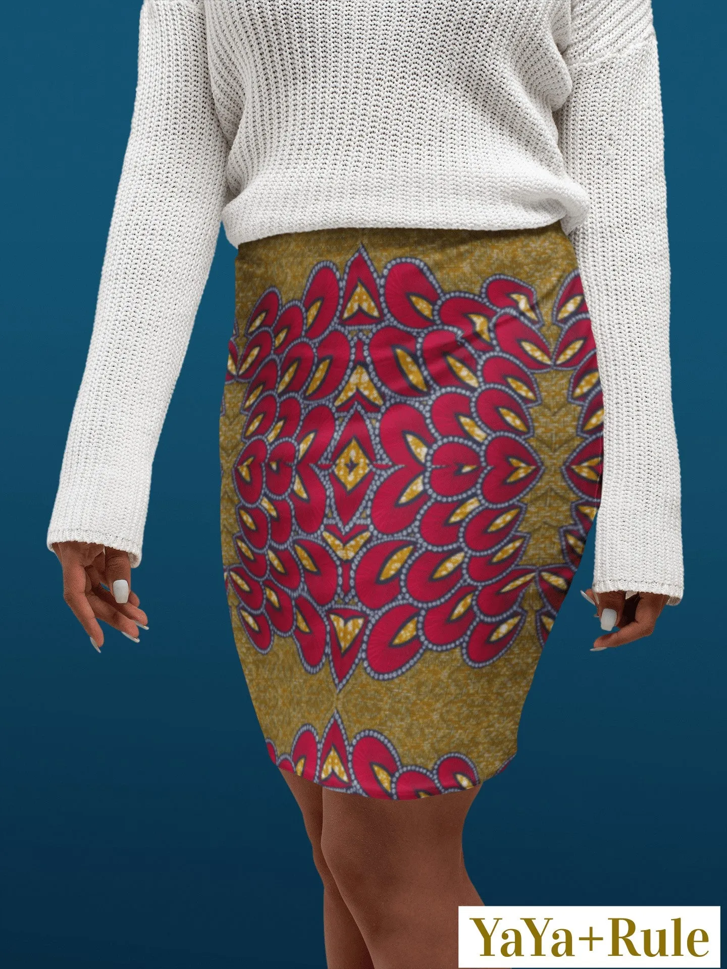 Red Gold African Print Pencil Skirt