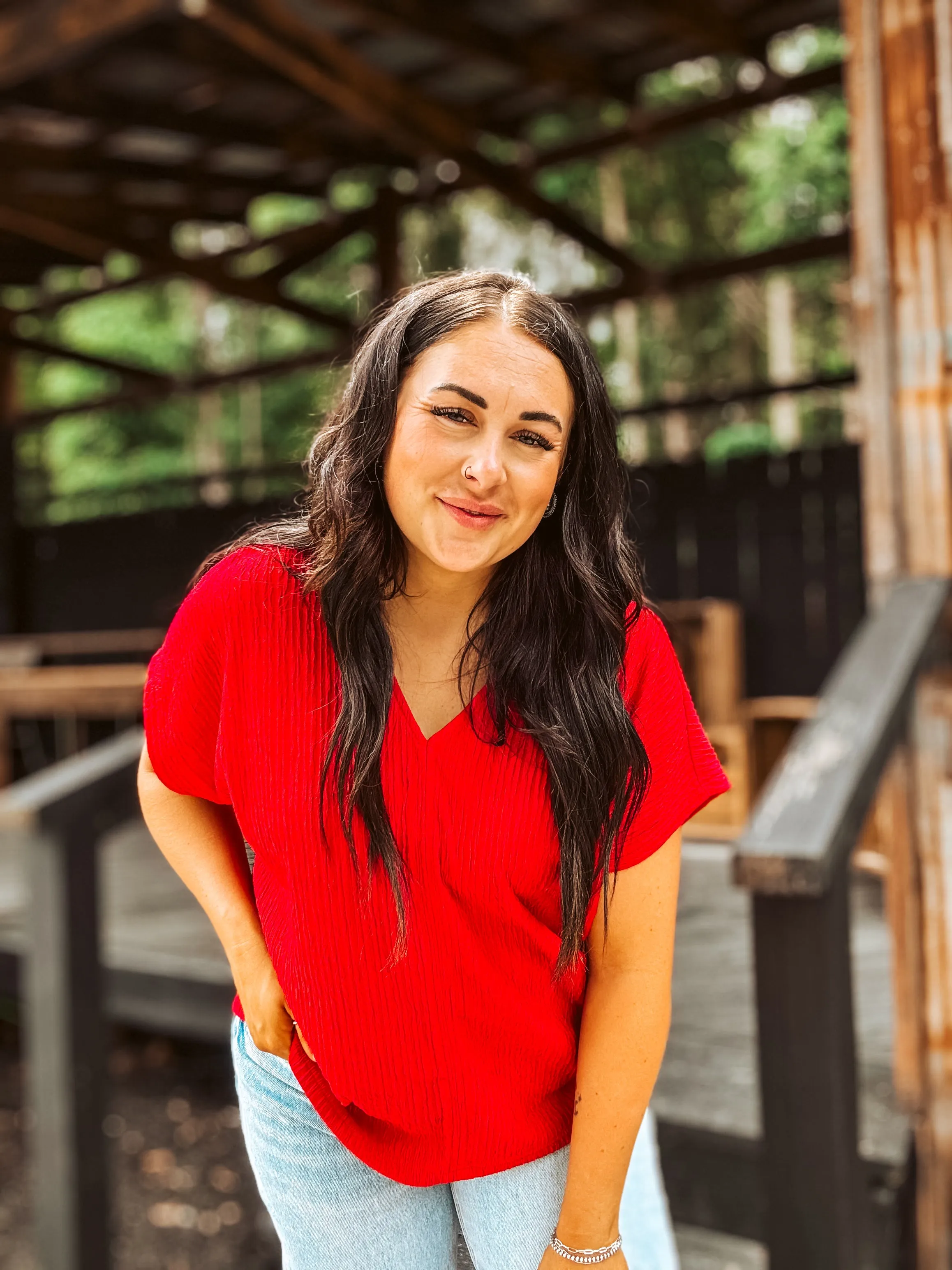 Red Texture V Neck Dolman