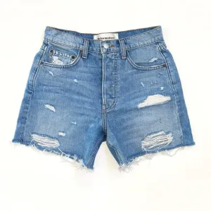 REFORMATION LOLA HIGH RISE WAISTED DISTRESSED frayed hem ARCHES BLUE JEAN SHORTS