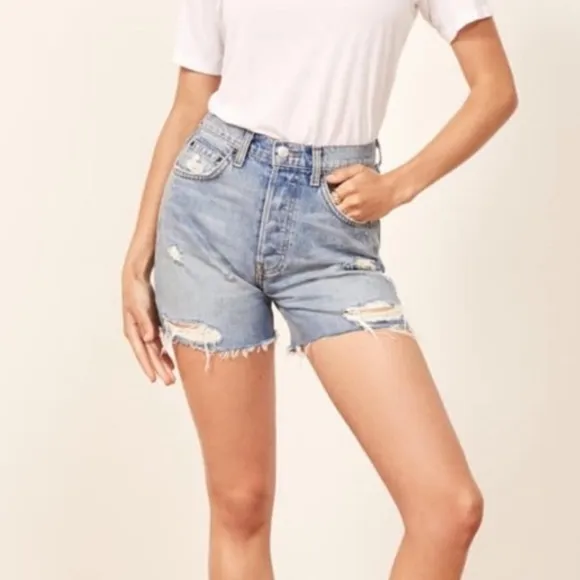 REFORMATION LOLA HIGH RISE WAISTED DISTRESSED frayed hem ARCHES BLUE JEAN SHORTS