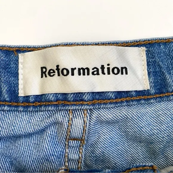 REFORMATION LOLA HIGH RISE WAISTED DISTRESSED frayed hem ARCHES BLUE JEAN SHORTS