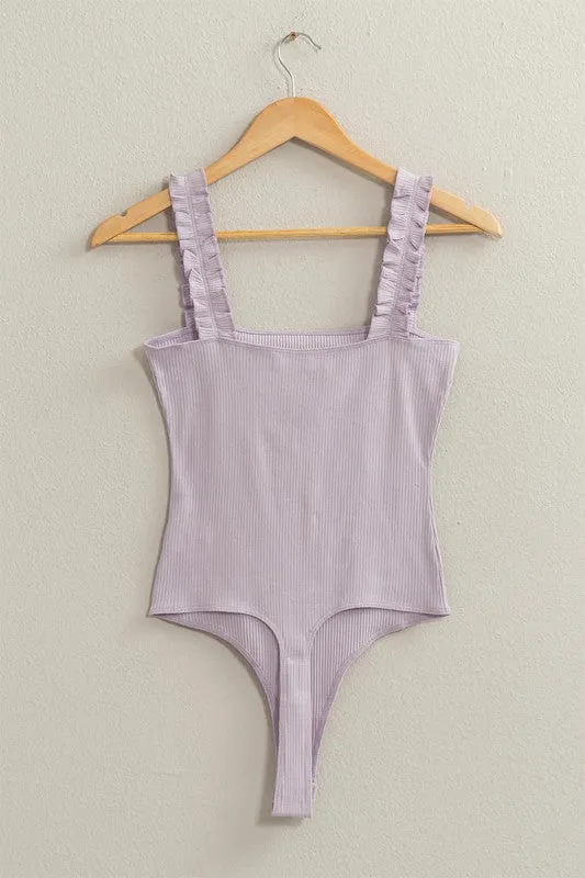 RIBBED RUFFLE STRAP BODYSUIT