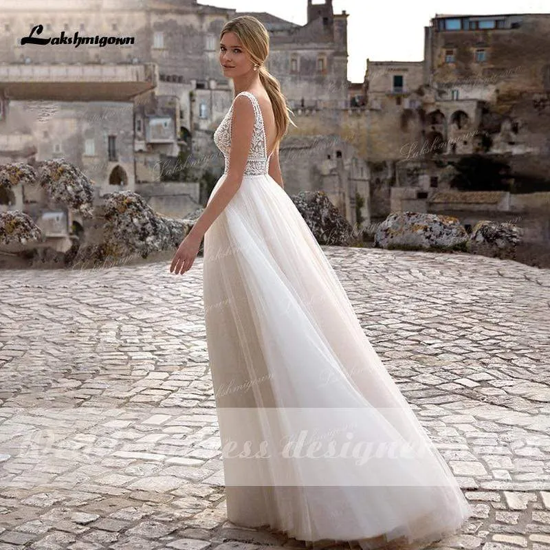Roycebridal vestido de novia Summer Beach A-Line Princess Wedding Dresses boho chic lace V-neckline White Bridal Gown Abito da sposa