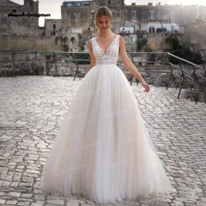 Roycebridal vestido de novia Summer Beach A-Line Princess Wedding Dresses boho chic lace V-neckline White Bridal Gown Abito da sposa