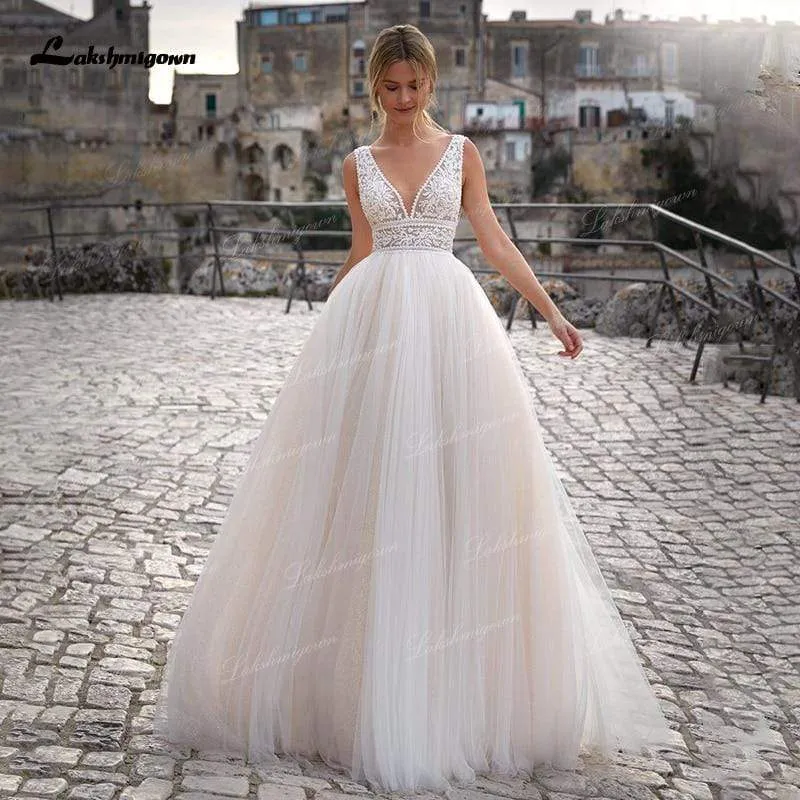 Roycebridal vestido de novia Summer Beach A-Line Princess Wedding Dresses boho chic lace V-neckline White Bridal Gown Abito da sposa
