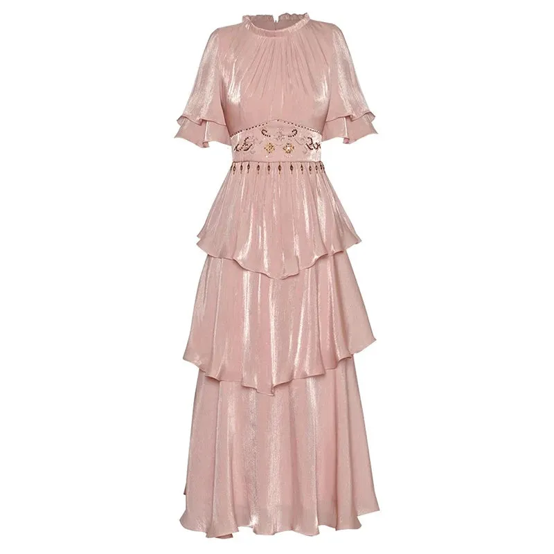Safiya O-Neck Butterfly Sleeve Crystal Beading Ruffles Vintage Dress