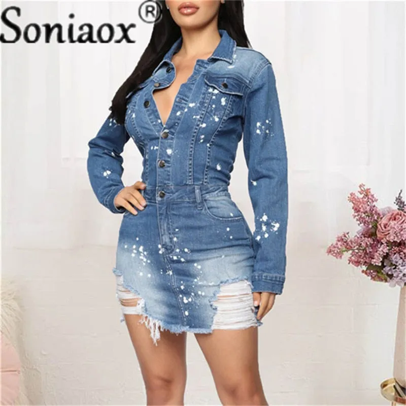 Sexy Turndown Collar Cotton Bodycon Jean Dress 2021 Summer Party Club Denim Dress Women Breasted Mini Bag Hip Dress