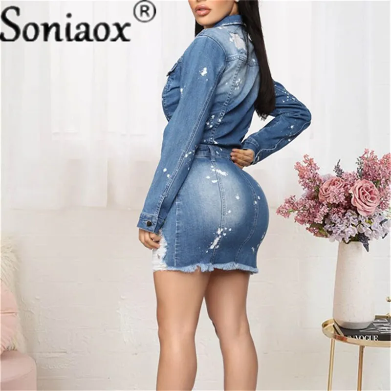 Sexy Turndown Collar Cotton Bodycon Jean Dress 2021 Summer Party Club Denim Dress Women Breasted Mini Bag Hip Dress