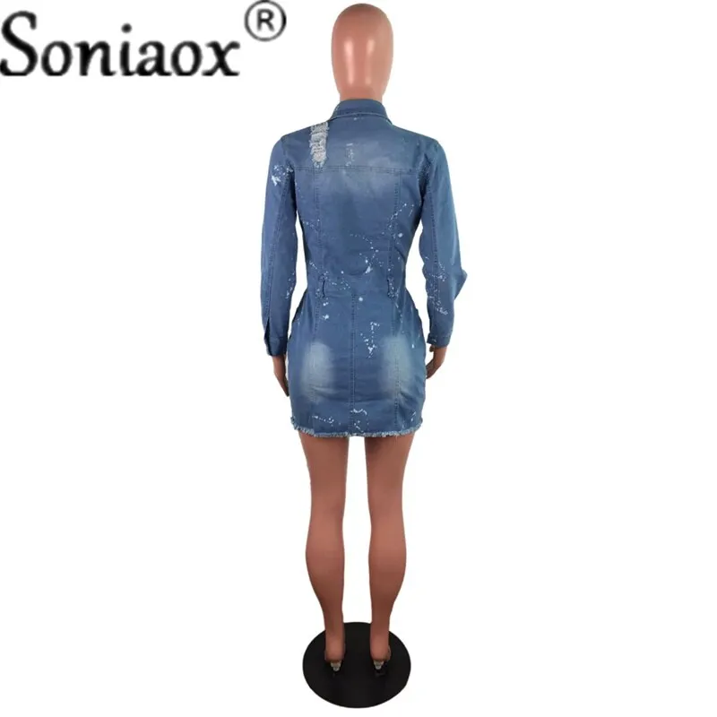 Sexy Turndown Collar Cotton Bodycon Jean Dress 2021 Summer Party Club Denim Dress Women Breasted Mini Bag Hip Dress