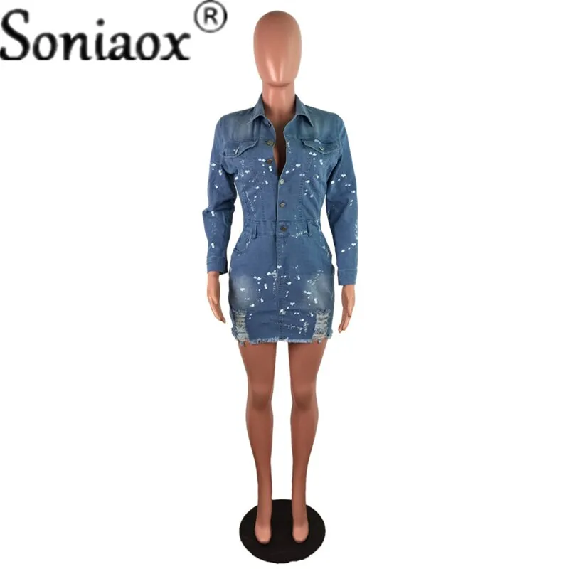 Sexy Turndown Collar Cotton Bodycon Jean Dress 2021 Summer Party Club Denim Dress Women Breasted Mini Bag Hip Dress