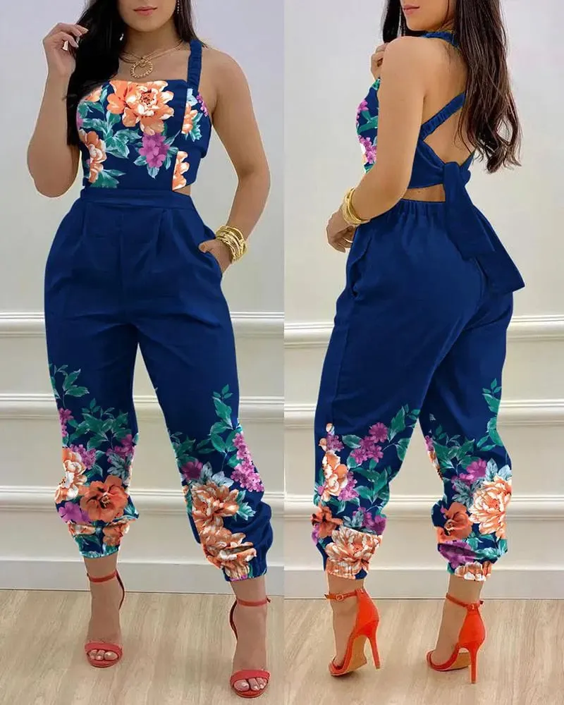 Sexy Women's Jumpsuits Flower Hollow Out 2023 Summer Suspender Backless Strap Fashion Slim Top Pants Combination Jumpsuit S-XXXL