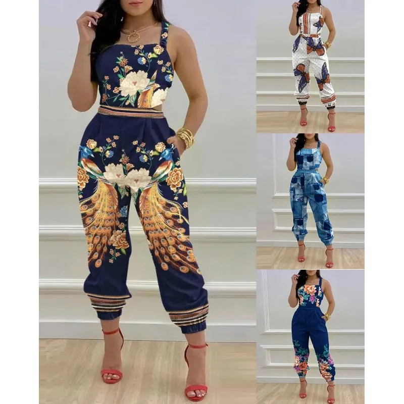 Sexy Women's Jumpsuits Flower Hollow Out 2023 Summer Suspender Backless Strap Fashion Slim Top Pants Combination Jumpsuit S-XXXL