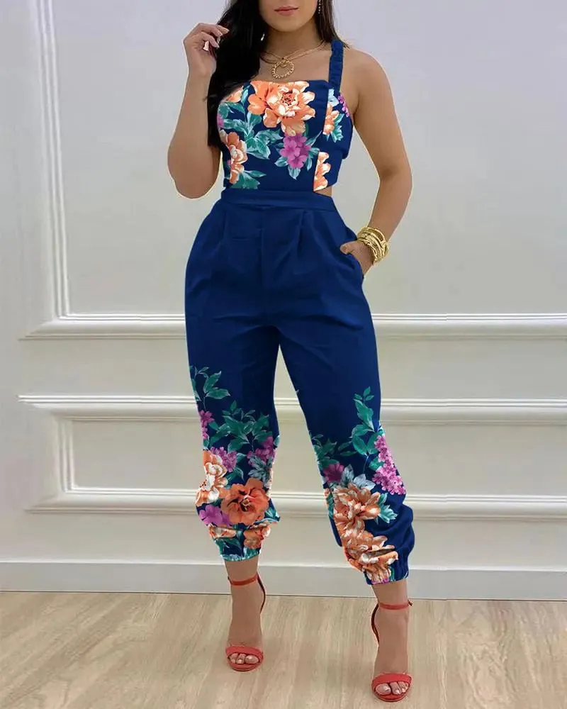 Sexy Women's Jumpsuits Flower Hollow Out 2023 Summer Suspender Backless Strap Fashion Slim Top Pants Combination Jumpsuit S-XXXL