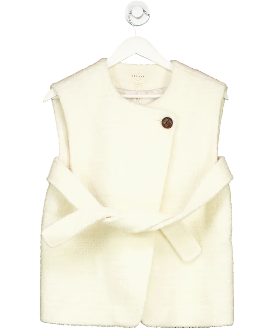 Sezane Cream Sebastine Sleeveless Wool Blend Boucle Jacket  Ecru UK 8