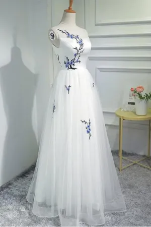Simple Women Fashion White Embroidery Tulle Long Prom Evening Dress OK945