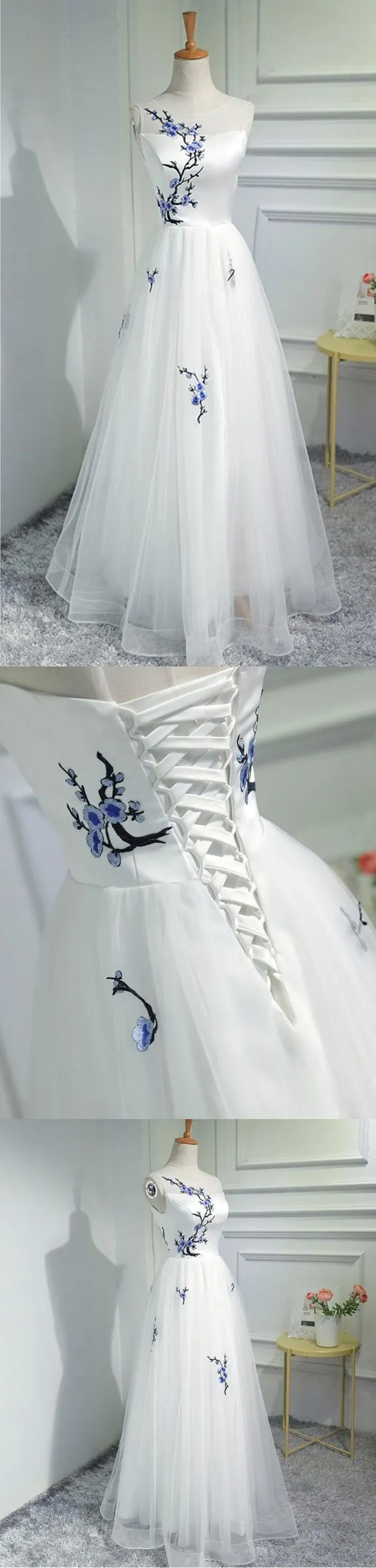 Simple Women Fashion White Embroidery Tulle Long Prom Evening Dress OK945