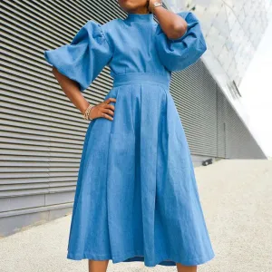 Solid Turtleneck Puff Sleeve A Line Midi Dress