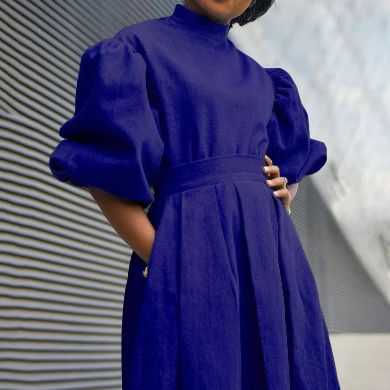 Solid Turtleneck Puff Sleeve A Line Midi Dress