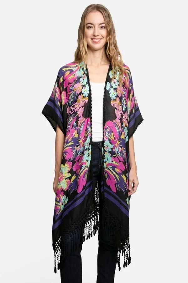 Spring Airy Kimono Duster with Watercolor Floral Print and Lace Trim Arm Holes Black Cardigan