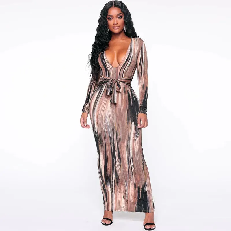 Stripe Tie Dye Long Sleeve With Belt Bandage Dress